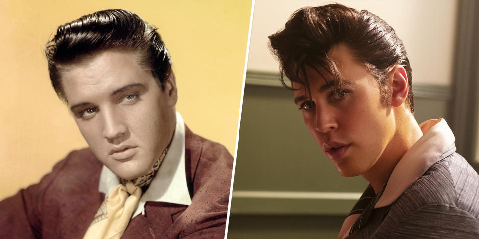 (L) Elvis Presley promoting the movie King Creole in 1958. (R) Austin Butler as Elvis. (Getty Images, Warner Bros.)