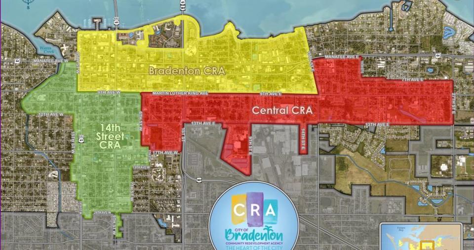 Map shows the three Bradenton Community Redevelopment Agencies. Residents would like a grocery in this area. The City of Bradenton and the CRA have entered a partnership with Freebee to provide free rides to residents within the CRA boundaries.