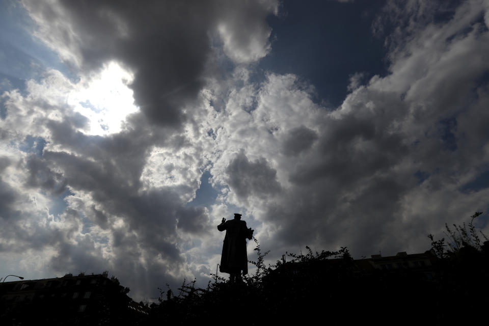The monument of Soviet World War II commander Ivan Stepanovic Konev is pictured in Prague, Czech Republic, Tuesday, Aug. 21, 2018. Prague 6 district representatives unveiled a new explanatory text describing Konev's leading role in crushing the 1956 anti-Soviet uprising in Hungary, his contribution to the construction of the Berlin Wall and the preparation of the 1968 invasion of Czechoslovakia. On Tuesday, Czech Republic is marking the 50th anniversary of the 1968 Soviet-led invasion of Czechoslovakia. (AP Photo/Petr David Josek)