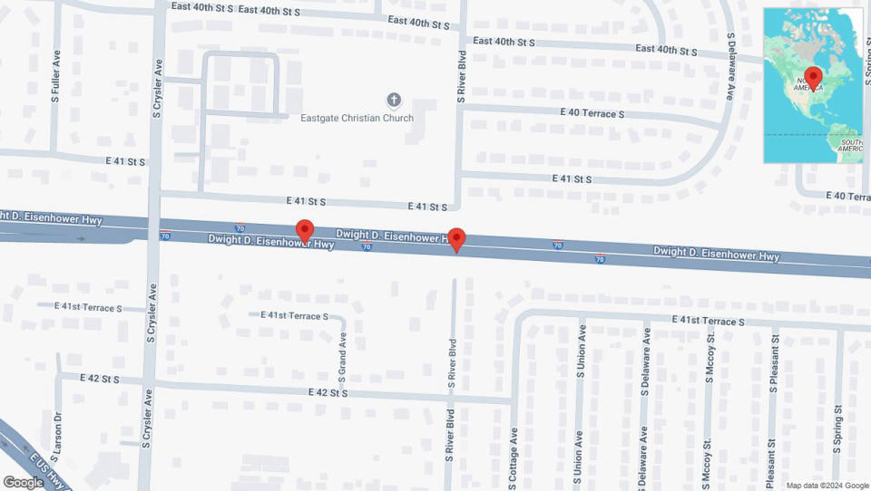 A detailed map that shows the affected road due to 'Broken down vehicle on eastbound I-70 in Independence' on September 17th at 11:01 p.m.