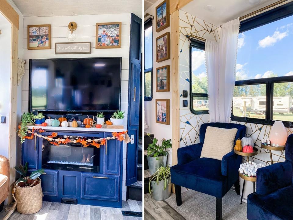 A split screen of the TV and living room chairs inside the Proha RV