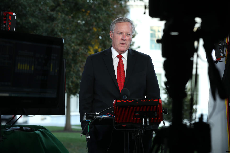 White House Chief of Staff Mark Meadows is interviewed by FOX News outside the White House October 07, 2020 in Washington, DC. According to Meadows, President Donald Trump was in the Oval Office Wednesday afternoon, three days after returning from Walter Reed National Military Medical Center after tested positive and being treated for COVID-19.  (Chip Somodevilla/Getty Images)