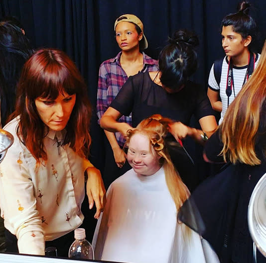 Taking to the catwalk for her very first NYFW show, model Madeline Stuart uploaded this pic of her getting glammed up. [Photo: Instagram/Madeline Stuart]