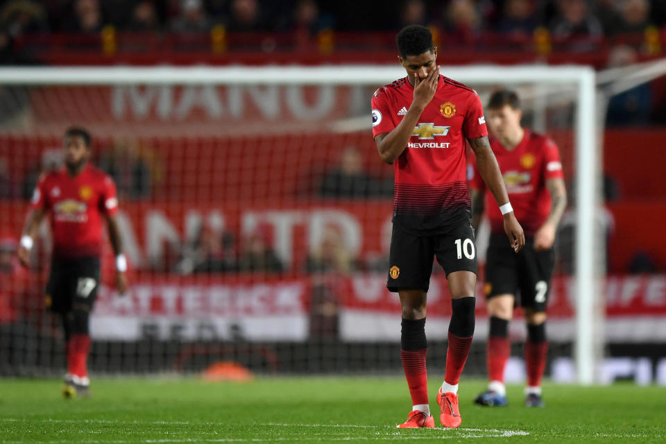 Marcus Rashford of Manchester United looks dejected during the Premier League match between Manchester United and Manchester City