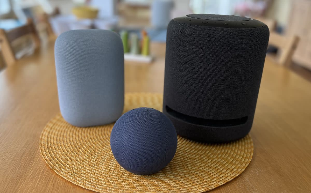 From left to right: The Google Nest Audio, Amazon Echo Dot and Amazon Echo Studio. Generally speaking, the bigger the speaker, the bigger the sound. (Photo: Rick Broida/Yahoo)