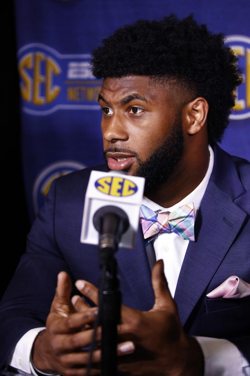 Florida running back Lamical Perine speaks during the NCAA college football Southeastern Conference Media Days, Monday, July 15, 2019, in Hoover, Ala. (AP Photo/Butch Dill)