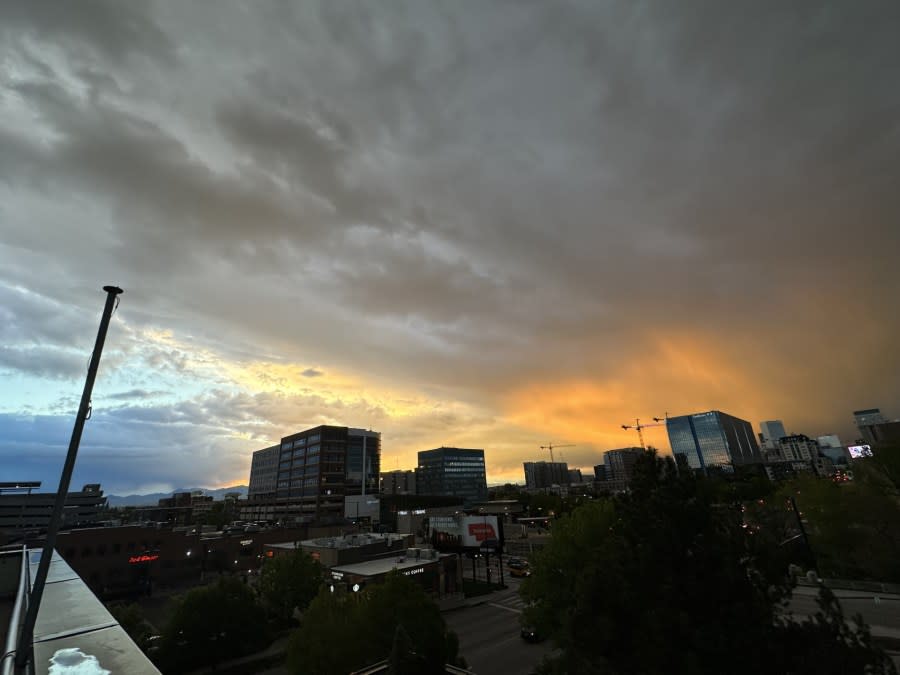 A stormy sunset is seen from the FOX31/Channel 2 weather deck on May 12, 2024. (Brooke Williams)