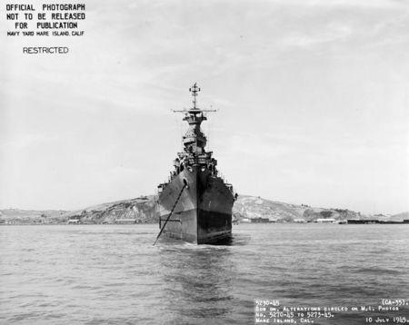 The World War II cruiser USS Indianapolis (CA 35), which was lost July 30, 1945 is seen off the Mare Island Navy Yard, California, U.S. on July 10, 1945, after her final overhaul and repair of combat damage. Courtesy Bureau of Ships Collection in the U.S. National Archives/U.S. Navy/Handout via REUTERS