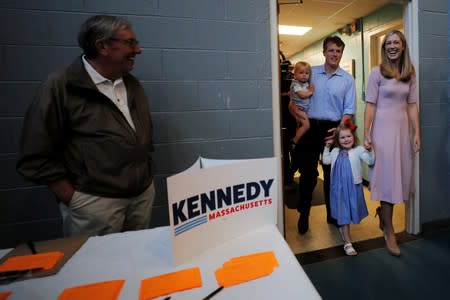 U.S. Rep. Kennedy III arrives to announce his candidacy for the U.S. Senate with his wife Lauren in Boston