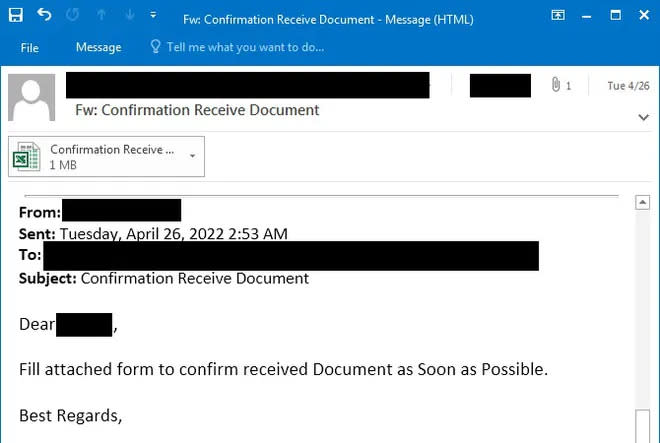<em>Campanha de espionagem contra diplomata começou com um e-mail, falsificado para se parecer com o contato de um colega; malware usava táticas avançadas de furtividade e criptografia para se manter oculto (Imagem: Reprodução/Fortinet)</em>