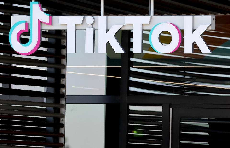 CULVER CITY, CALIFORNIA - DECEMBER 20: The TikTok logo is displayed at a TikTok office on December 20, 2022 in Culver City, California. Congress is pushing legislation to ban the popular Chinese-owned social media app from most government devices. (Photo by Mario Tama/Getty Images)