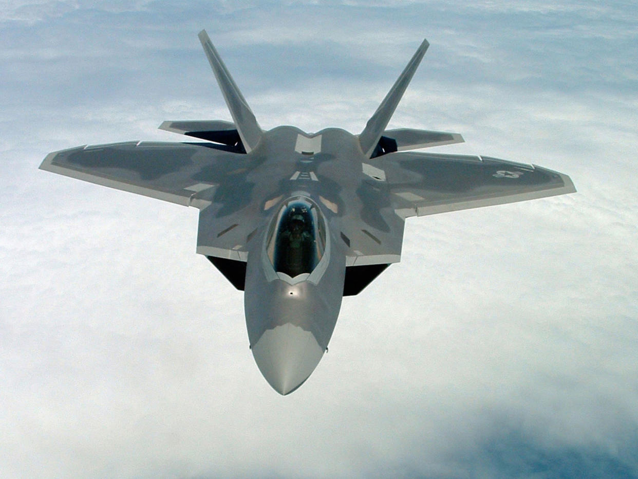 An F-22A Raptor plane used by the US in air strikes against Isis. The strikes have escalated under Trump's presidency: US Air Force