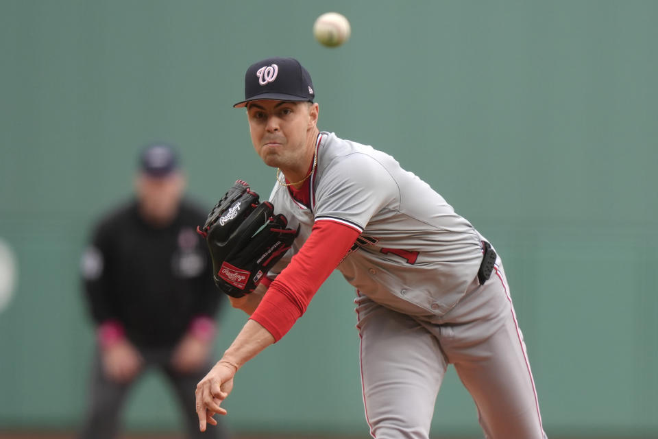 Washington Nationals' MacKenzie Gore delivers a pitch to a Boston Red Sox batter in the first inning of a baseball game, Sunday, May 12, 2024, in Boston. (AP Photo/Steven Senne)