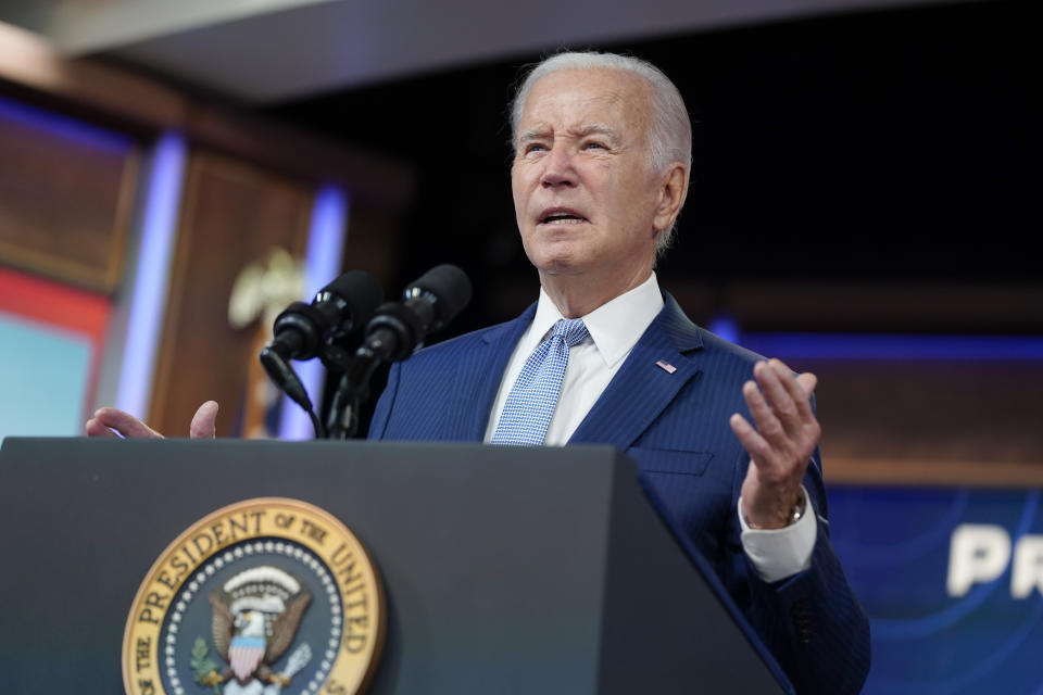 President Joe Biden speaks during an event to announce new measures aimed at helping communities deal with extreme weather, in the South Court Auditorium on the White House Campus, Thursday, July 27, 2023, in Washington. (AP Photo/Evan Vucci)