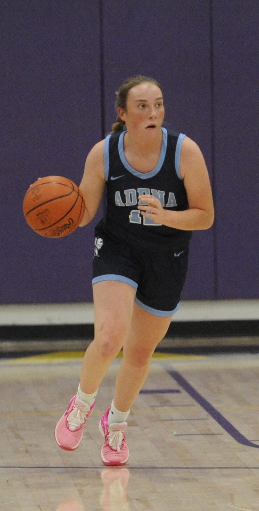 Adena's Marly Halcomb (#12) moves down the court during the Warriors' preseason scrimmage against the Zane Trace Pioneers on Nov. 17, 2023 at Unioto High School.