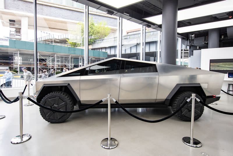 FILE PHOTO: Tesla's Cybertruck is displayed at Manhattan's Meatpacking District in New York City