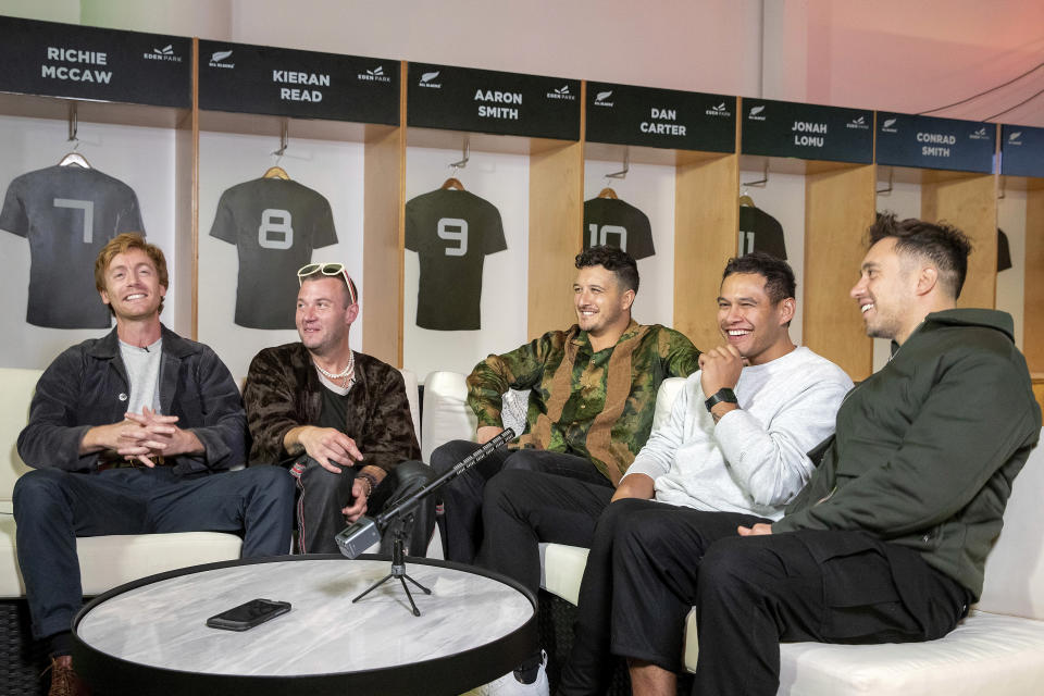 The members of New Zealand Six60, from left, Ji Fraser, Chris Mac, Matiu Walters, Eli Paewai and Marlon Gerbes, speak during a media interview at Eden Park ahead of their concert in Auckland, New Zealand, Friday April 23, 2021. Six60 is being billed as the biggest live act in the world since the coronavirus pandemic struck after New Zealand stamped out the spread of the virus, allowing life to return to normal. On Saturday, the band played a remarkable finale to their latest tour, performing in front of 50,000 people at the first-ever concert at Auckland's Eden Park.(AP Photo/David Rowland)