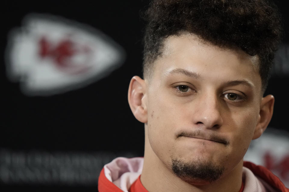 Kansas City Chiefs quarterback Patrick Mahomes speaks to the media before the NFL football team's practice Thursday, Jan. 25, 2024, in Kansas City, Mo. (AP Photo/Charlie Riedel)