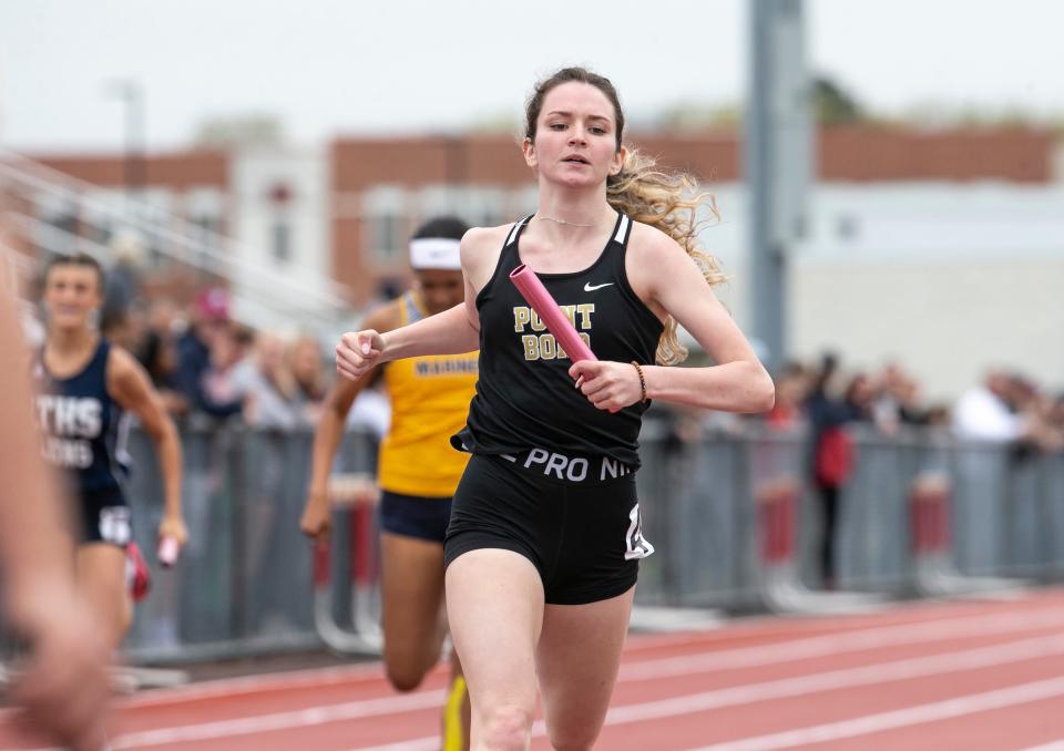 Point Pleasant Boro’s Shea Burke finishes the girls 4x100 relay event. Ocean County Track Championships take place at Jackson Liberty High School. Jackson, NJSaturday, May14, 2022