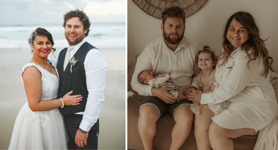 Nathan and Ilana Lawrence on their wedding day on the beach (left) and the couple with their two daughters (right).