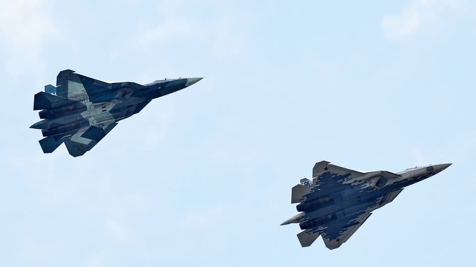 Sukhoi Su-57 fighter jets take part in a flight demonstration in Zhukovskiy, Russia on August 27, 2019. - Oleg Nikishin/Getty Images