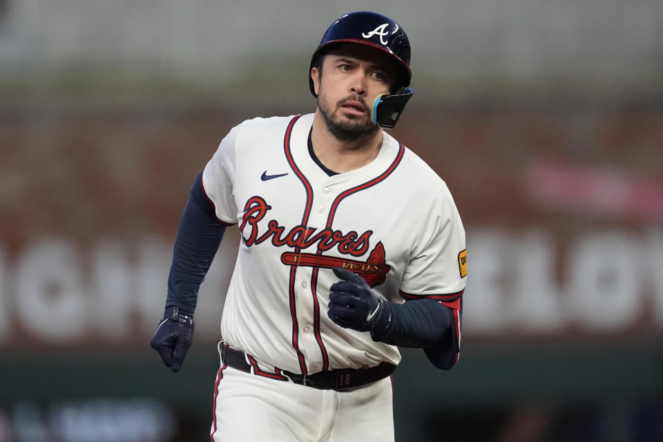 Atlanta Braves' Travis d'Arnaud runs the bases after hitting a two-run home run in the fourth inning of a baseball game against the Miami Marlins Monday, April 22, 2024, in Atlanta. (AP Photo/John Bazemore)