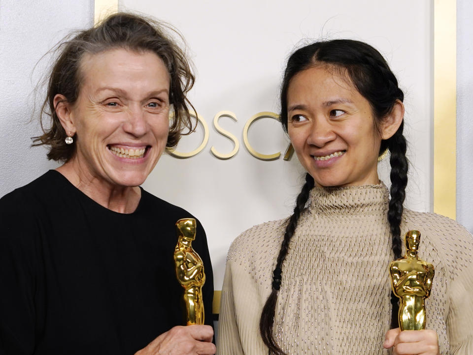 LOS ANGELES, CALIFORNIA - APRIL 25: Frances McDormand and Chloe Zhao, winners of Best Picture for 