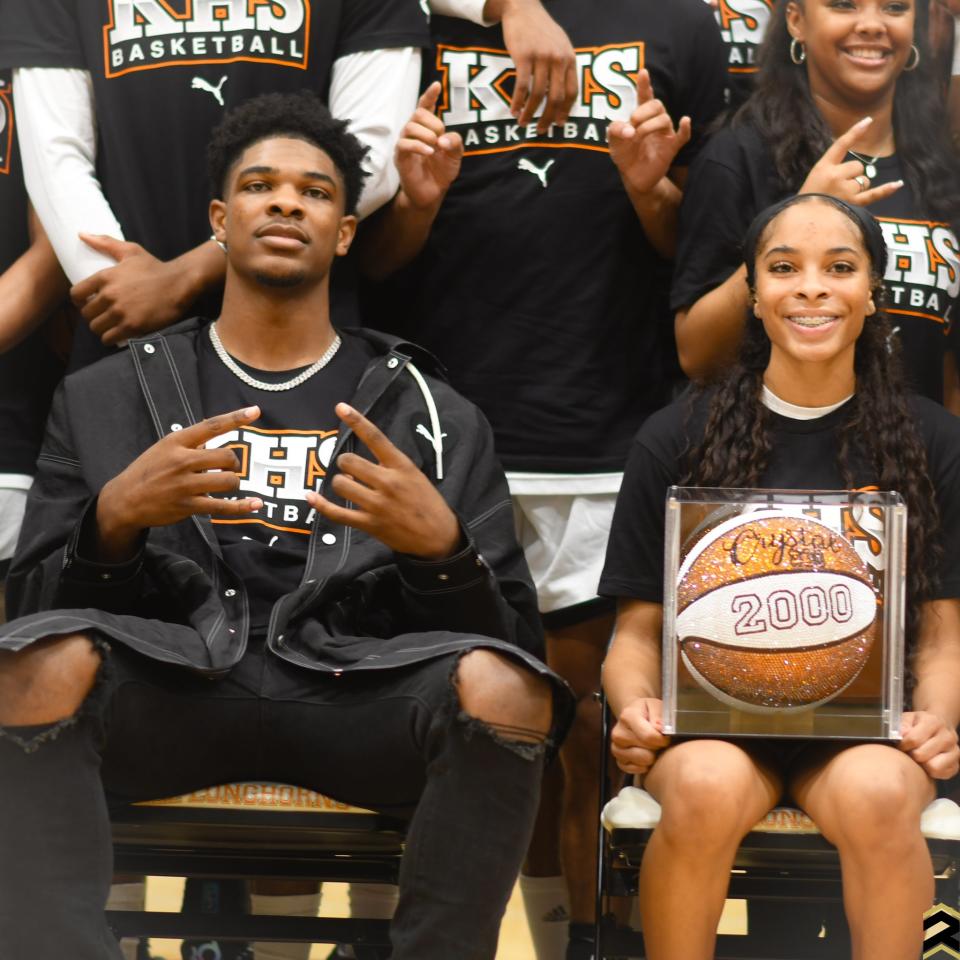 Scoot and Crystal Henderson were honored Tuesday at their high school, getting their jerseys retired before Crystal finishes her senior season. (Provided by RYZE Hoops and Lakepoint Sports)

