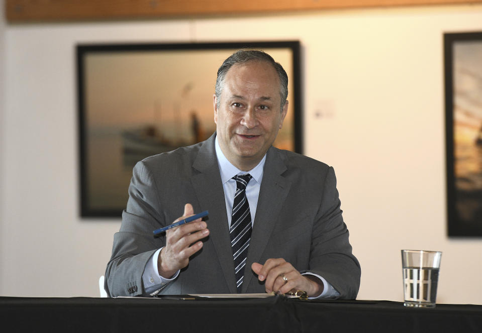 Doug Emhoff, husband of Vice President Kamala Harris, speaks during a roundtable discussion with local restaurant owners at the Annapolis Maritime Museum and Park, in Annapolis, Md., on Tuesday, May 18, 2021. (Paul W. Gillespie/The Baltimore Sun via AP)