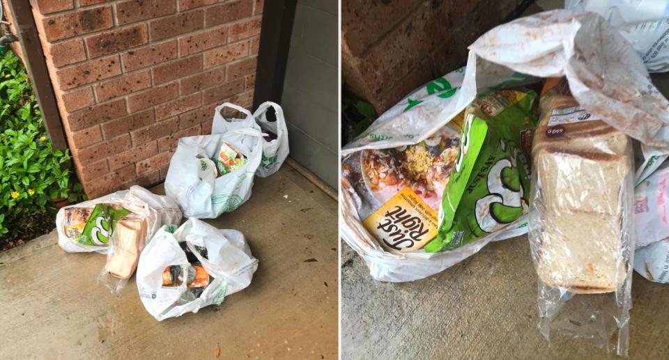 Woolworths bags placed on dirty ground with broken and open items on show