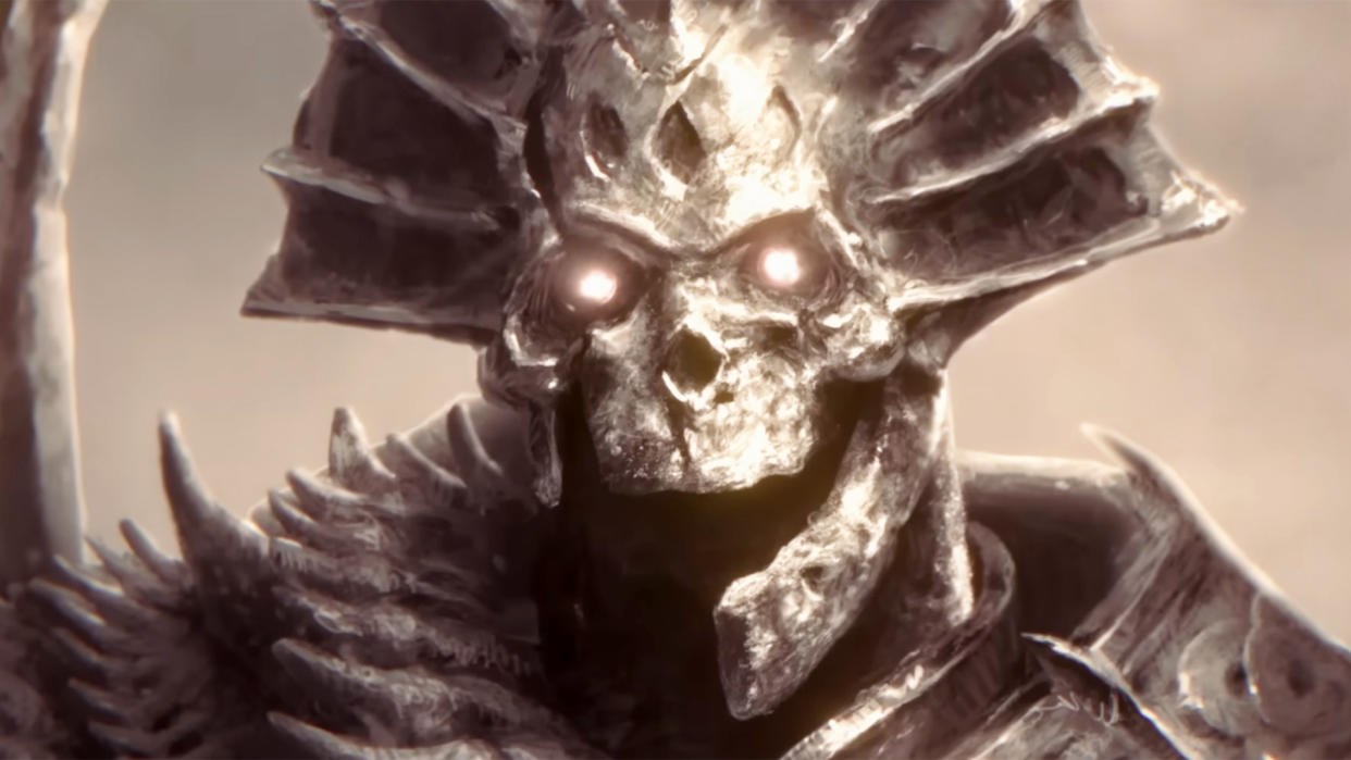  Diablo 4 close-up of metallic skull helmet with glowing eyes. 