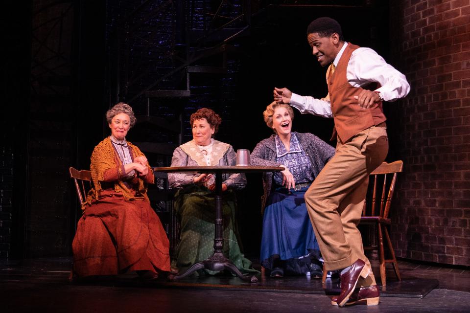 From left, Debra Cardona (Mrs. Meeker), Toni DiBuono (Mrs. Strakosh), Jane Lynch (Mrs. Rosie Brice) and Jared Grimes (Eddie Ryan) in a scene from the Broadway revival of "Funny Girl," now at New York's August Wilson Theatre.