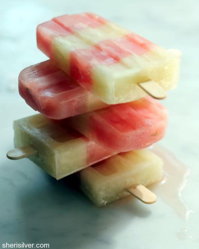 <p>sherisilver.com</p><p>These popsicles are a perfectly delicious way to cool off this summer! </p><p><strong>Get the recipe: <a href="http://sherisilver.com/2014/07/02/pop-goes-my-summer-watermelon-honeydew-popsicles/" rel="nofollow noopener" target="_blank" data-ylk="slk:Watermelon-Honeydew Popsicles;elm:context_link;itc:0;sec:content-canvas" class="link ">Watermelon-Honeydew Popsicles</a></strong></p>