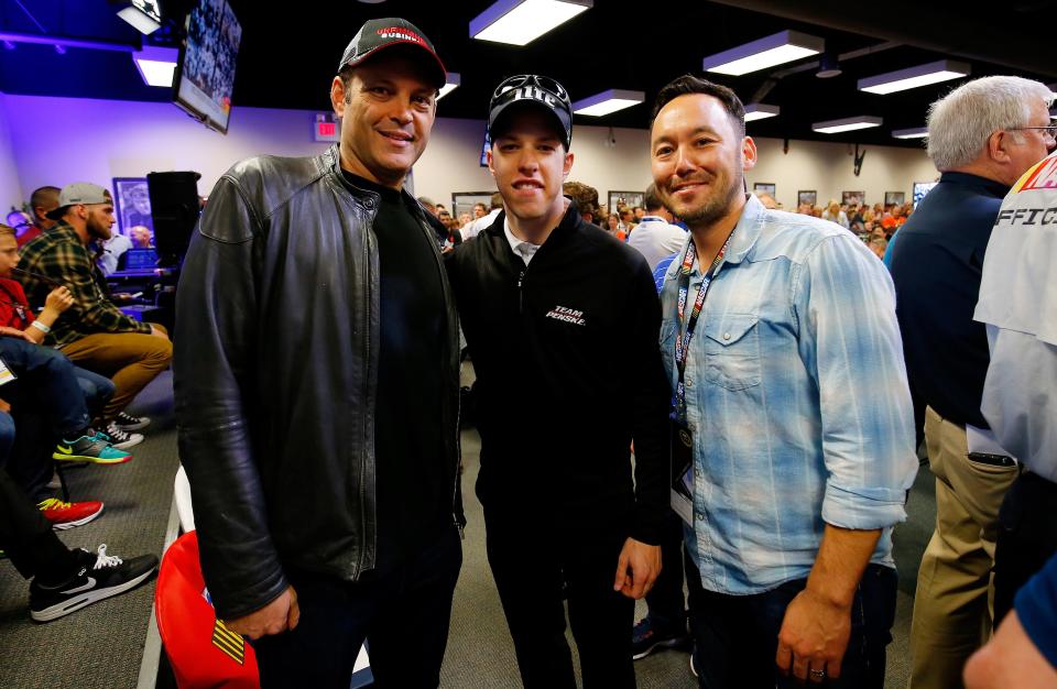 DAYTONA BEACH, FL - FEBRUARY 22: (L-R) Actor Vince Vaughn, Brad Keselowski, driver of the #2 Miller Lite Ford, and actor Steve Byrne attend the driver meeting prior to the NASCAR Sprint Cup Series 57th Annual Daytona 500 at Daytona International Speedway on February 22, 2015 in Daytona Beach, Florida. (Photo by Chris Trotman/NASCAR via Getty Images)