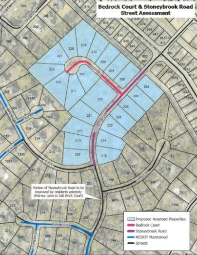 A map showing sections of Bedrock Court and Stoneybrook Road that are set to be improved by New Hanover County. The improvements are needed for the road to be taken over by the N.C. Department of Transportation.