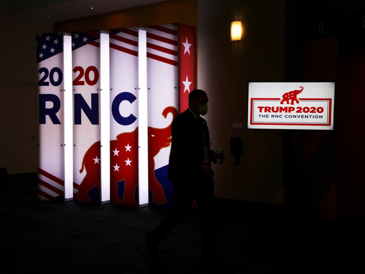 An RNC sign glows outside the Charlotte Convention Centre's Richardson Ballroom where delegates will gather for the roll call vote to renominate Donald J. Trump to be President of the United States and Mike Pence to be Vice President at the Republican National Convention at the Charlotte Convention Centre on 24 August 2020 in Charlotte, North Carolina: (2020 Getty Images)