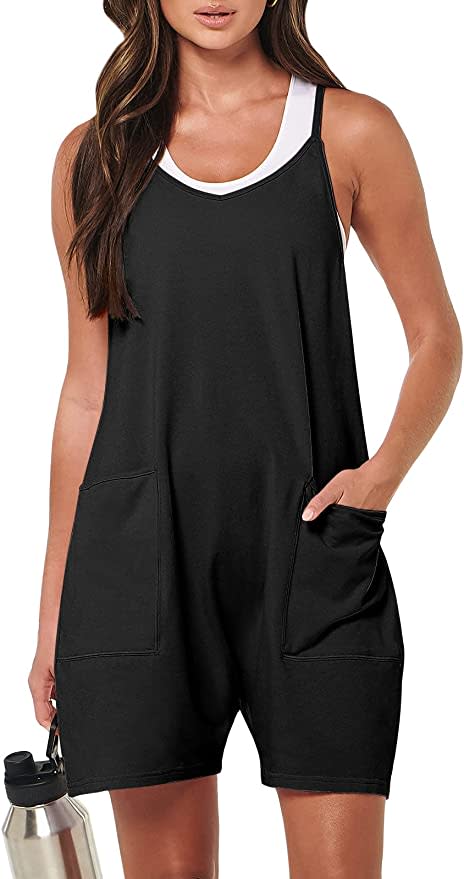 model wearing black sleeveless romper