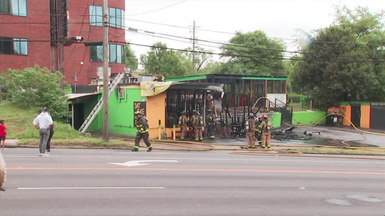<div>Atlanta firefighters check a business for hot spots after a fire at Dat Fire Jerk Chicken located along Northside Drive on April 20, 2024.</div> <strong>(FOX 5)</strong>