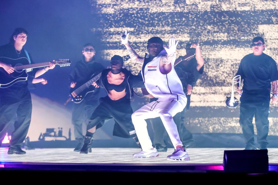 Peso Pluma performs on the Coachella Stage during the Coachella Music and Arts Festival in Indio, Calif., on Friday, April 12, 2024.