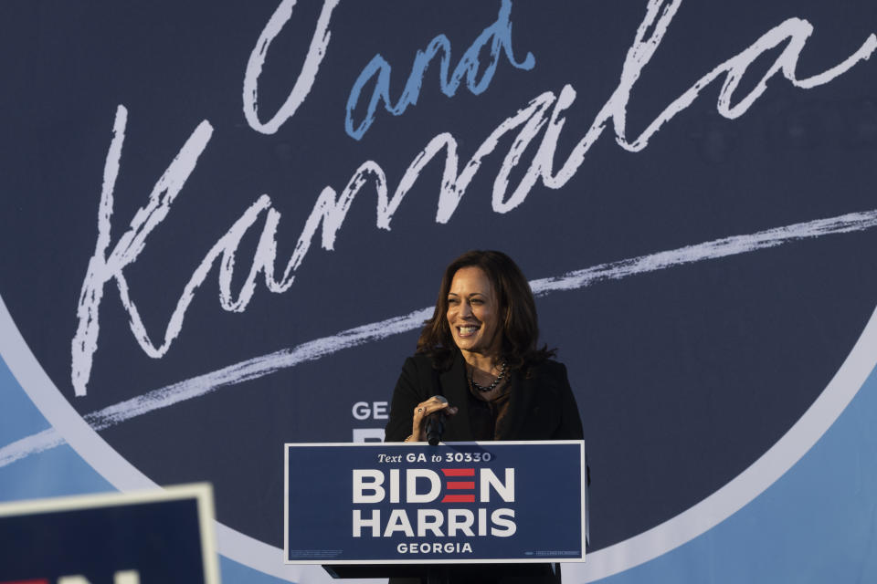 Democratic vice presidential candidate Sen. Kamala Harris, D-Calif., speaks during a campaign event at Morehouse College , Friday, Oct. 23, 2020, in Atlanta. (AP Photo/John Amis)