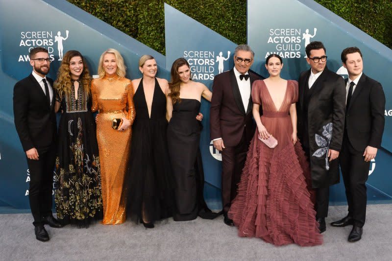 Left to right, "Schitt's Creek" stars Dustin Milligan, Annie Murphy, Catherine O'Hara, Jennifer Robertson, Sarah Levy, Eugene Levy, Emily Hampshire, Dan Levy and Noah Reid arrive for the 26th annual SAG Awards held at the Shrine Auditorium in Los Angeles in 2020. File Photo by Jim Ruymen/UPI