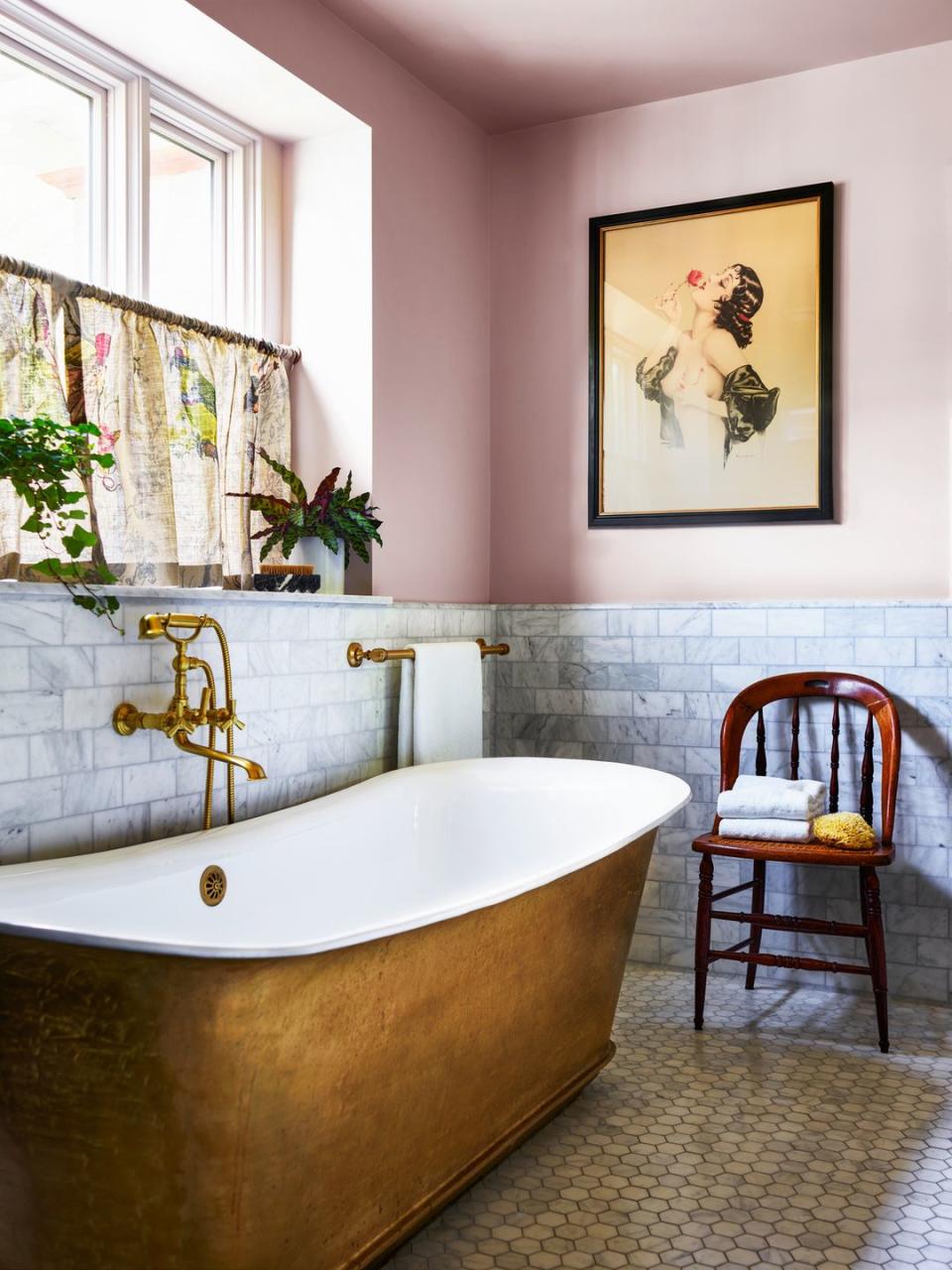 primary bathroom the clients requested ample marble tile, so casagrande pulled out all the stops tub penhaglion fixtures newport brass wall paint peignoir, farrow ball art print alberto vargas curtain fabric timorous beasties