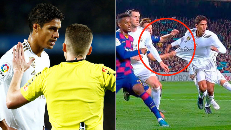Real Madrid thought they should have had a penalty when Ivan Rakitic tugged Rafael Varane's shirt.