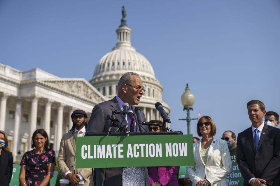 Senate Majority Leader Chuck Schumer, D-N.Y., addresses the urgent need to counter climate change in the US with transformational investments in clean jobs, during an event at the Capitol in Washington, Wednesday, July 28, 2021. (AP Photo/J. Scott Applewhite)