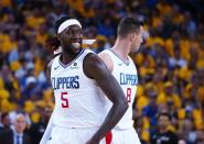 Apr 24, 2019; Oakland, CA, USA; LA Clippers forward Montrezl Harrell (5) celebrates after a play against the Golden State Warriors during the fourth quarter in game five of the first round of the 2019 NBA Playoffs at Oracle Arena. Mandatory Credit: Kelley L Cox-USA TODAY Sports