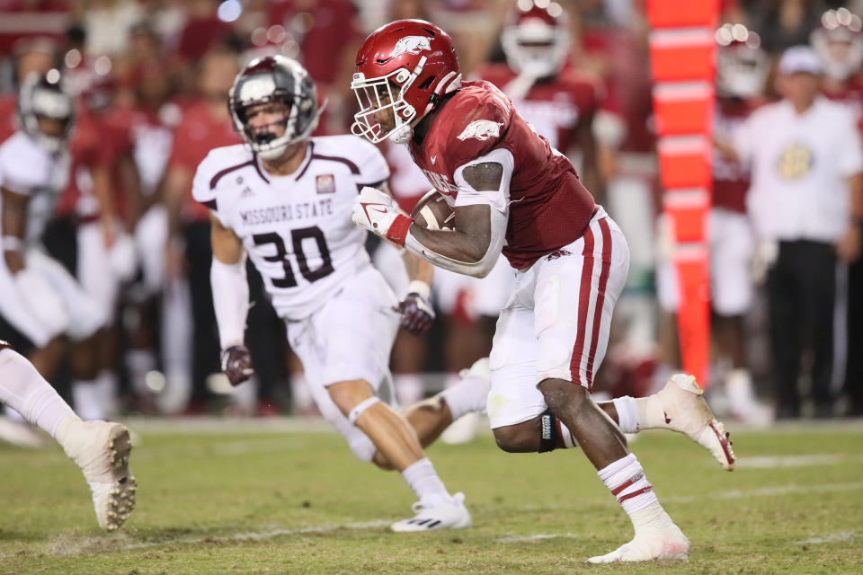 Sep 17, 2022; Fayetteville, Arkansas, USA; Arkansas Razorbacks running back Raheim Sanders (5) rushes for a touchdown in the fourth quarter against the Missouri State Bears at Donald W. Reynolds Razorback Stadium. Arkansas won 38-27. Mandatory Credit: Nelson Chenault-USA TODAY Sports