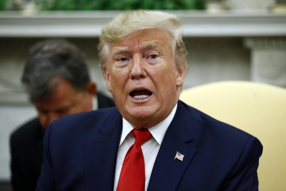 President Donald Trump and Turkish President Recep Tayyip Erdogan meet in the Oval Office with Republican senators at the White House Wednesday, Nov. 13, 2019, in Washington. (AP Photo/Patrick Semansky)