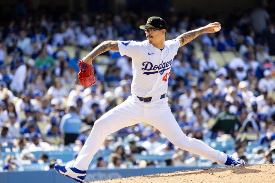 Left-hander Anthony Banda pitches during his Dodgers debut on May 19 against the Reds at Dodger Stadium.