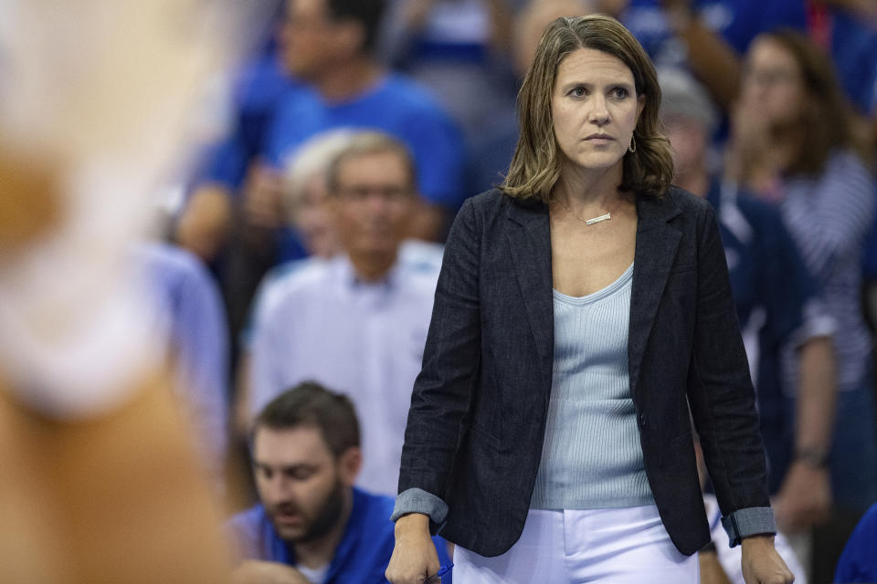 FILE - Creighton head coach Kirsten Bernthal Booth watches on during an NCAA college volleyball match between No. 2 Nebraska and No. 17 Creighton on Wednesday, Sept. 7, 2022, at CHI Health Center in Omaha, Neb. The women's basketball teams in Nebraska are showing it's not just a volleyball state. The Nebraska Cornhuskers of Lincoln and Creighton Bluejays of Omaha both entered the season ranked in the Associated Press preseason Top 25. (Noah Riffe/Lincoln Journal Star via AP, File)