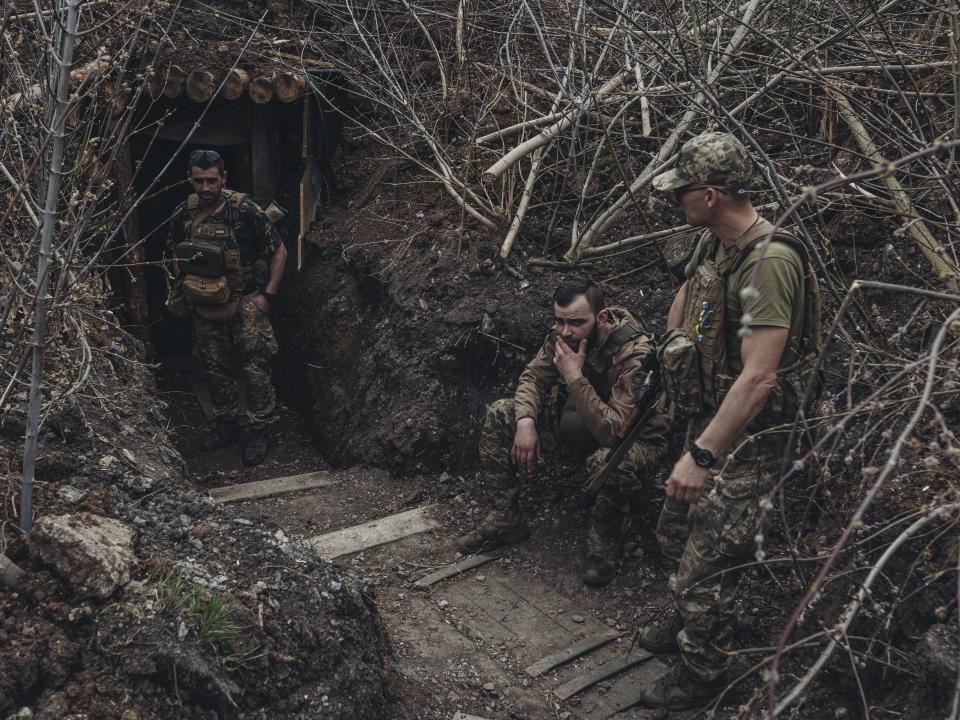 Ukrainian soldiers of the 80th brigade in a trench in the direction of Bakhmut on March 26, 2023.